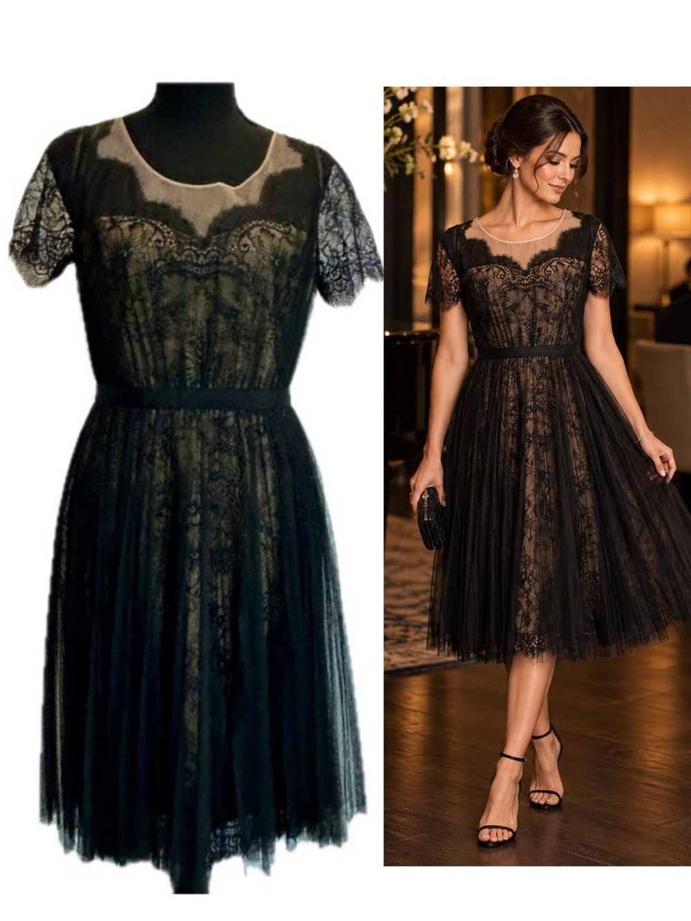 Marchesa Notte Black Lace Pleated Tulle A-Line Cocktail Dress Formal Evening